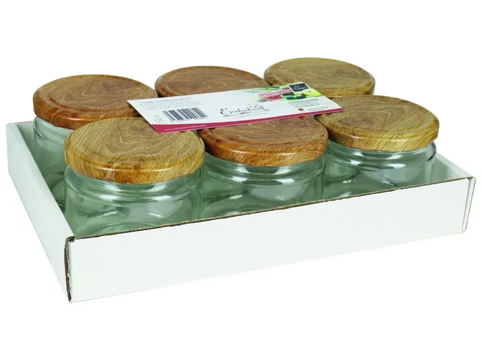DOSEN-ZENTRALE Schraubdeckelglas 330ml mit 82mm TO-Deckel Holz 6er Tray
