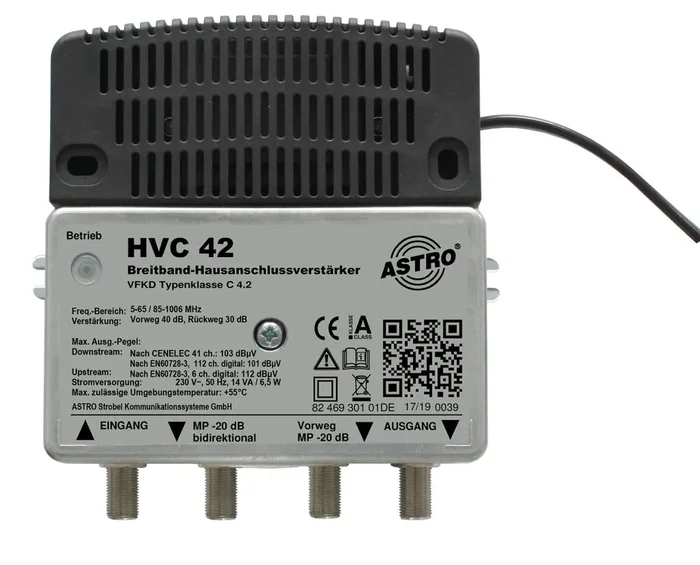 HVC 42 1 GHz Breitbandverstärker 39 dB / 102 dBuV Vorweg, VFKD zertifiziert Typklasse C (4.2)