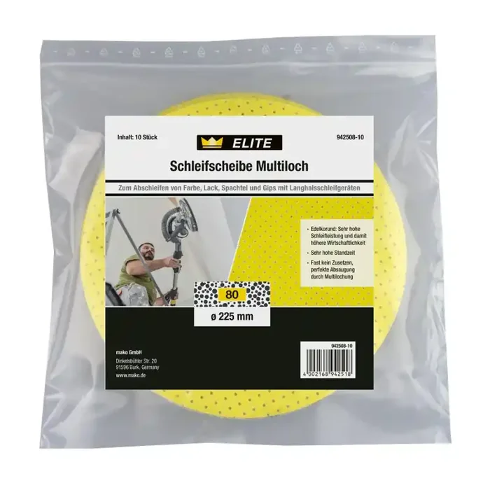 Schleifscheiben 225 mm Edelkorund mit Multilochung, 3 mm Klettvlies, Körnung 100 – 10er-Pack